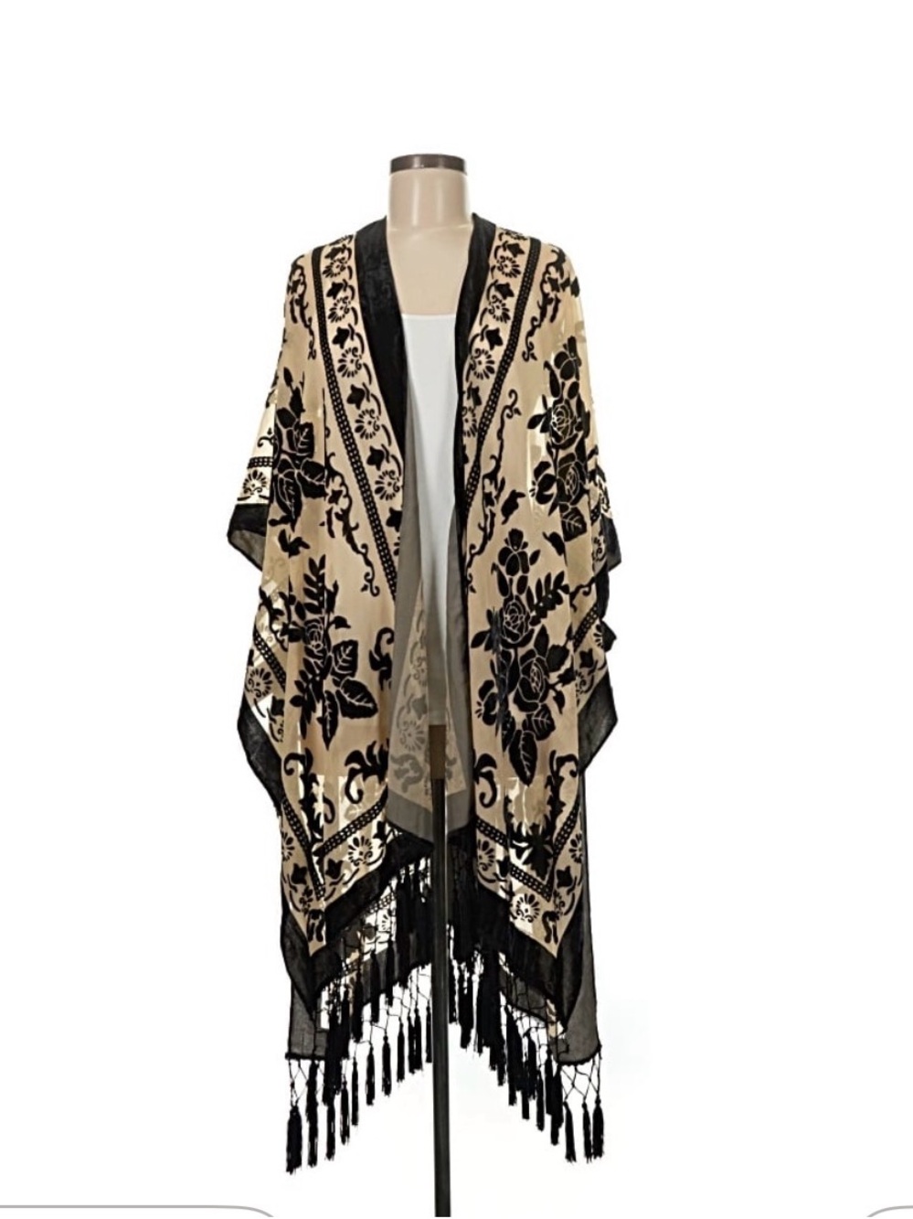 Free People Black and Cream Floral Velvet Kimono Coverup with Fringe